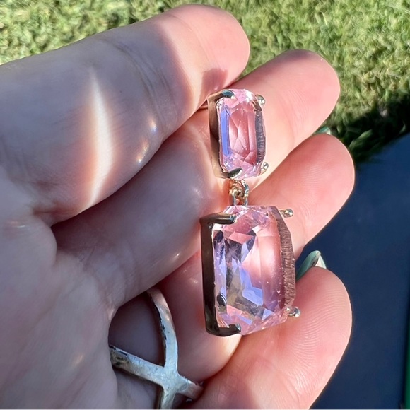 925 Sterling Silver double square Gold & Baby Pink crystal dangle drop earrings - Picture 4 of 6